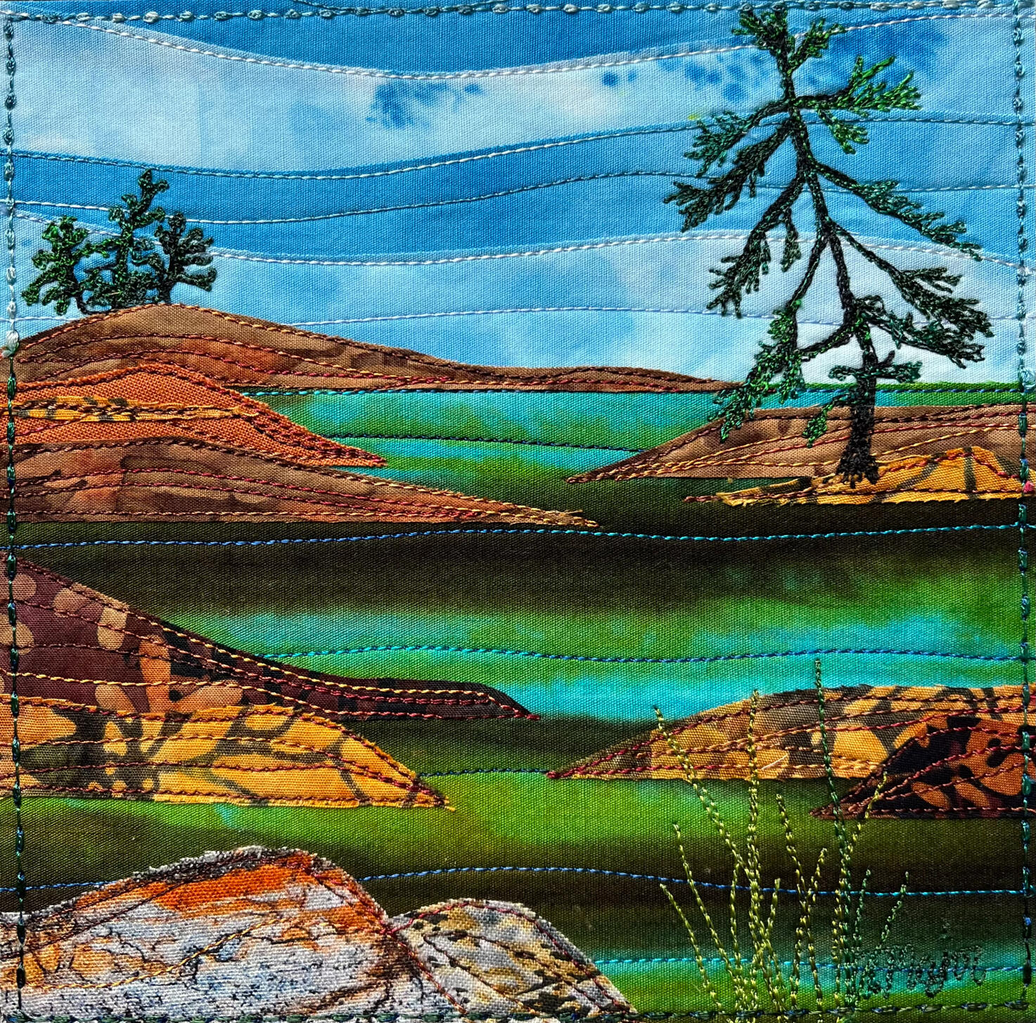 Northern Lake. 6 in. sq. incl.black floating frame. Available at Textures Craftworks, Locke St., Hamilton