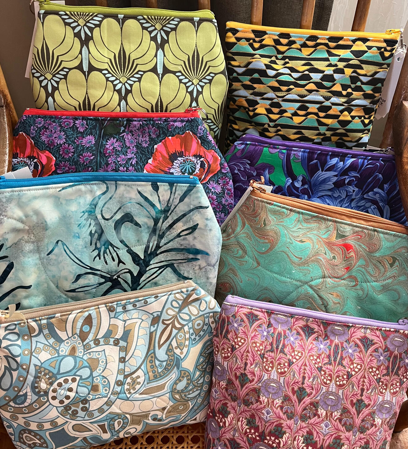 Multi purpose pouches with zippers. Many colours and sizes. Available at Textures Craftworks on Locke St., Hamilton