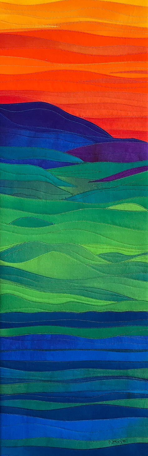 RISING SUN. Hand dyed fabrics. 10x30" mounted on canvas covered frame (wrapped around all sides) Available at Dundas Valley School of Art 's Art Auction April 6-12