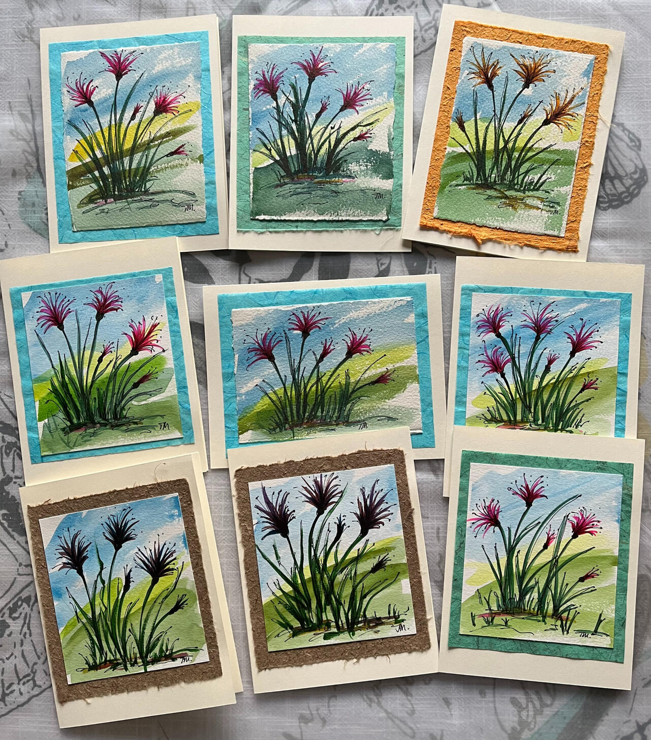 Greeting Cards. Each is an original watercolour. Blank inside. $7.50 each. No shipping fee for orders of 10 or more. Please contact me to purchase. Form below